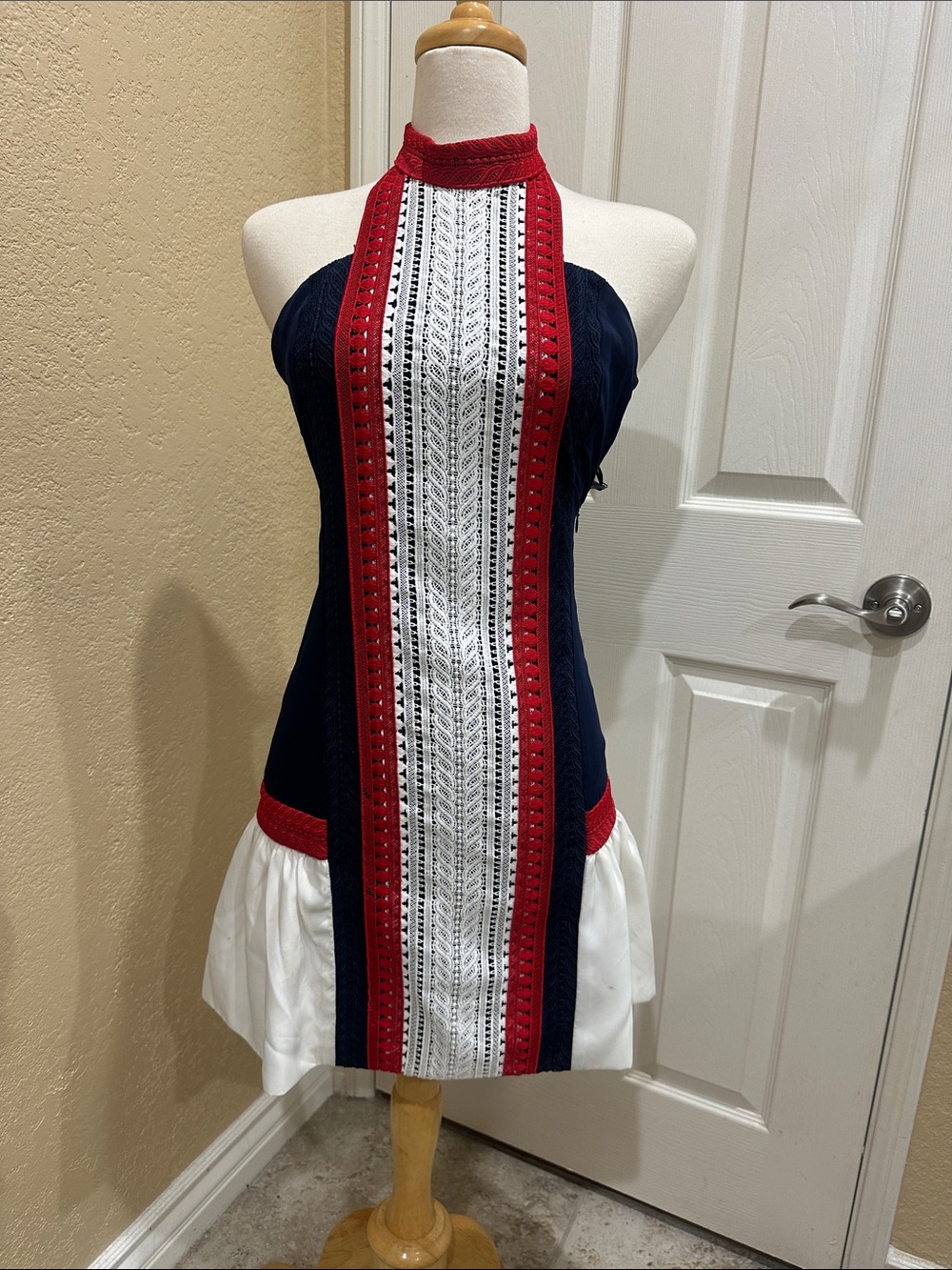 Strapless Navy, White & Red Knit Halter Dress size 4 (8 Aus)